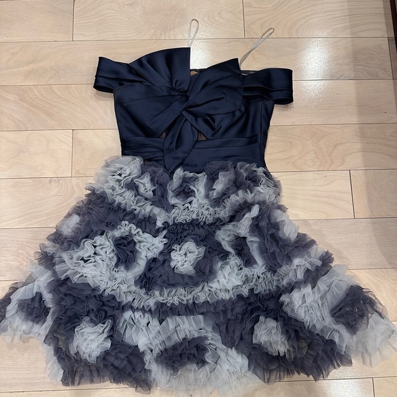 Marchesa Notte Tan Dress with Navy Accents - Picture 1 of 4
